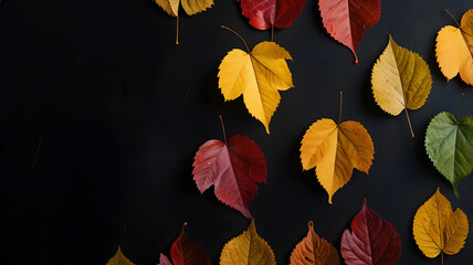 Colorful autumn leaves against a black background, large space for copy