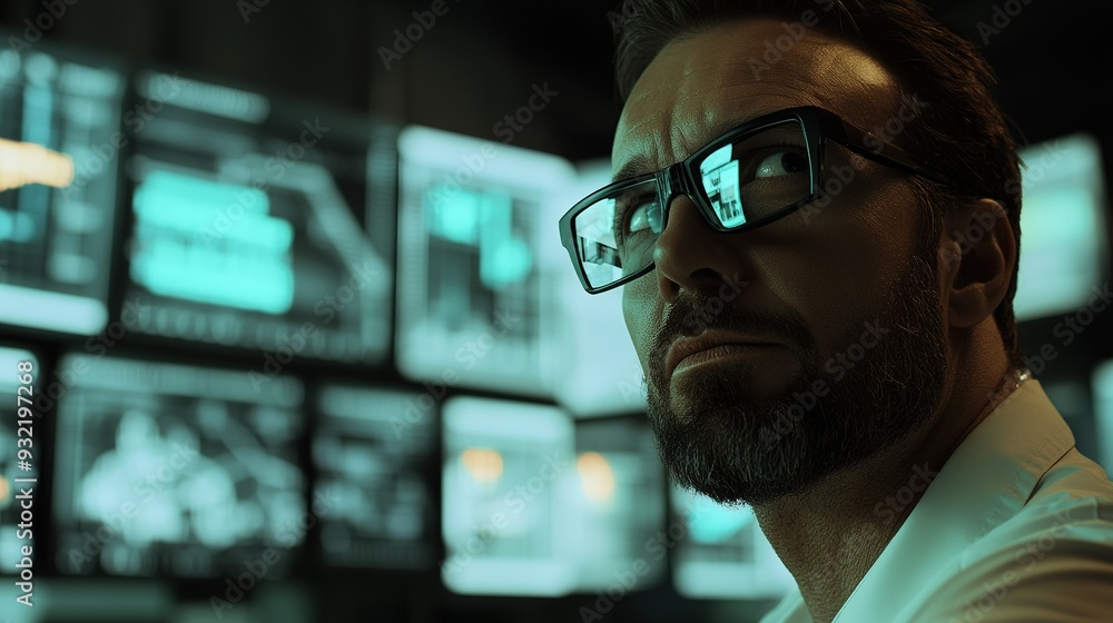 Poster a focused professional analyzes data on multiple screens in a dimly lit control room