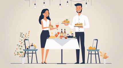 A cheerful couple hosting a dinner party, elegantly dressed, surrounded by a beautifully set table with food and drinks