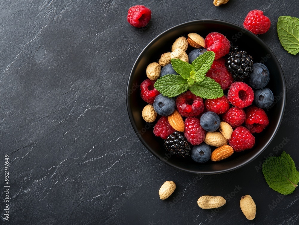 Wall mural Top view of healthy food with mixed berries, mixed nuts and mint leaves in a black ceramic bowl on a dark slate table background with copy space for text or design.