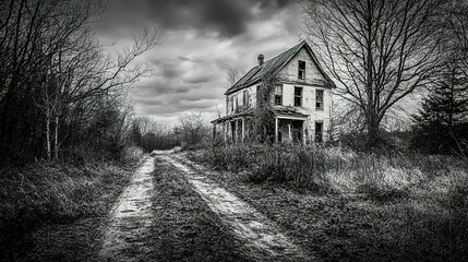 Abandoned house at dusk on a gravel road surrounded by trees and overgrown grass