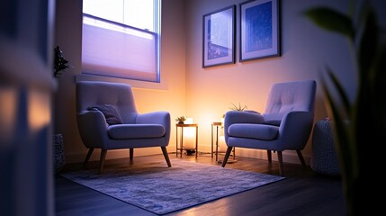 A calm and inviting hypnotherapy room with soft lighting and comfortable seating, promoting a sense of peace