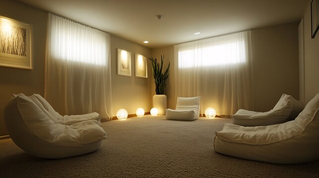 A calm and inviting hypnotherapy room with soft lighting and comfortable seating, promoting a sense of peace