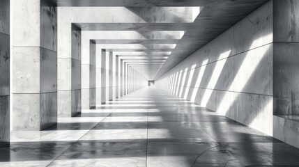 A white corridor with intersecting beams of light, casting soft, linear paths on the floor, creating a sense of depth in the abstract architectural space.