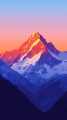 Naklejka premium A beautifully illustrated mountain scene at dawn, with vibrant colors and plenty of copy space for quotes or titles