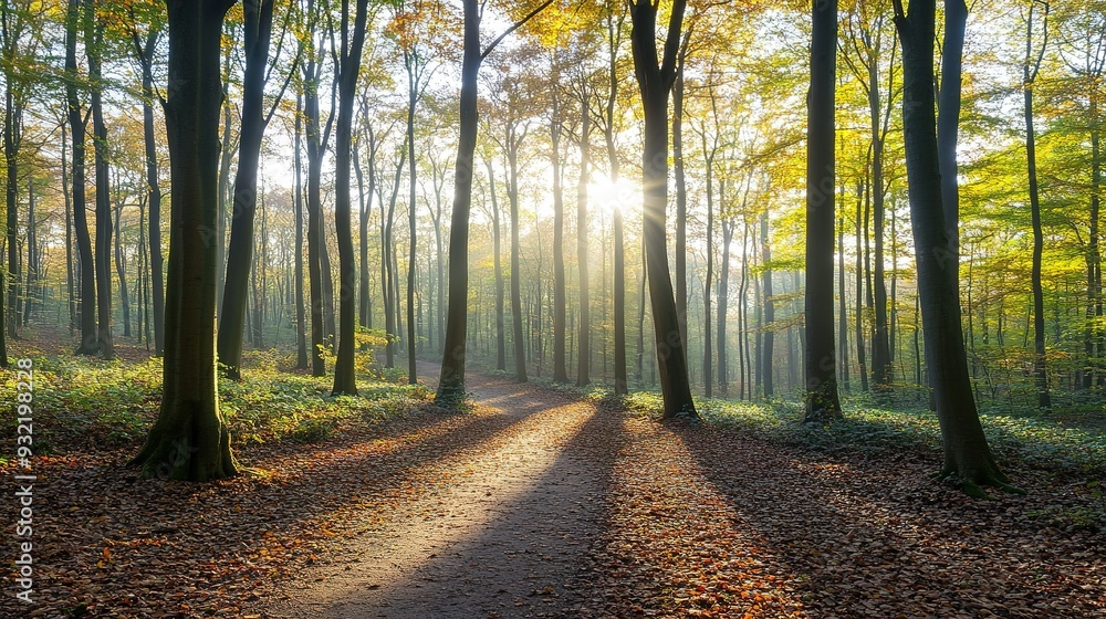 Poster sunlight filtering through trees on a serene forest path during autumn morning