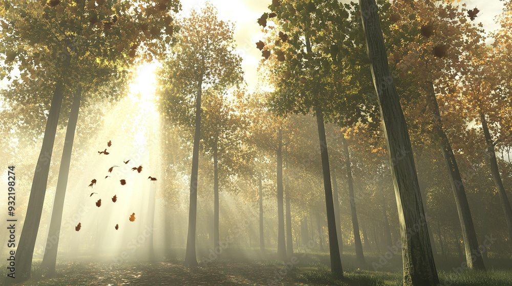 Poster sunlight filtering through autumn trees in a serene forest setting during early morning