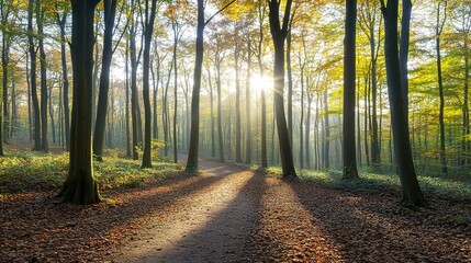 Naklejka premium Sunlight filtering through trees on a serene forest path during autumn morning