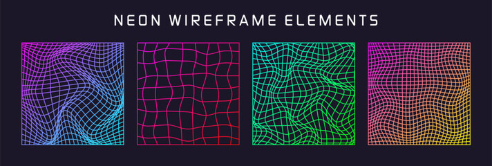 Colorful wireframe shapes, lined perspective mesh, 3d grid. Low poly geometric elements. Retro futuristic design elements, y2k, vaporwave and synthwave style. Vector illustration