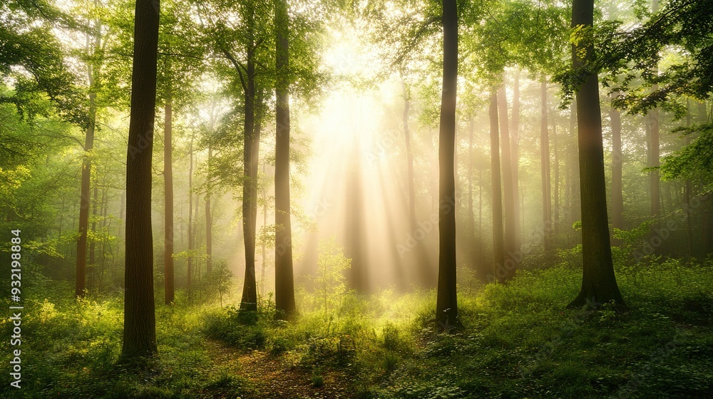 Poster sunlight beams filtering through tall trees in a serene forest at dawn