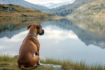 Dog sitting by serene lake with mountains reflection