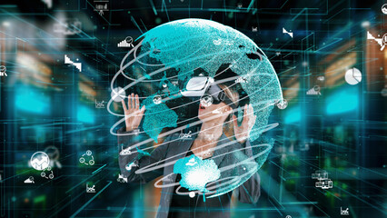 Obraz premium Woman pressing start opening VR of analyzed business world finance big data uploading look around global interface digital infographic network technology virtual 3d animation at server. Contraption.
