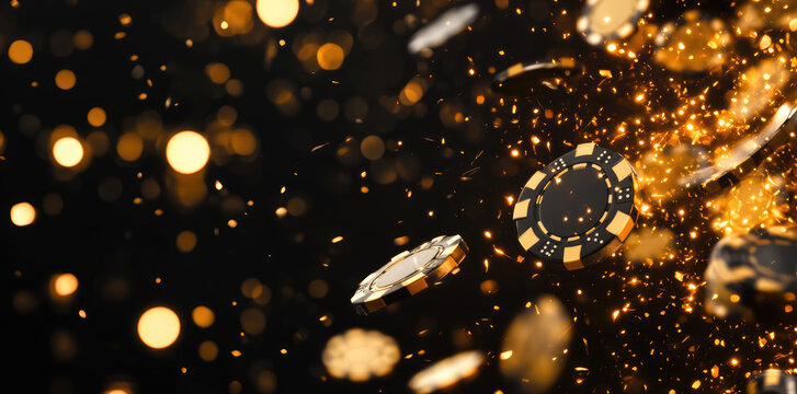 Casino chips exploding from golden confetti on black background