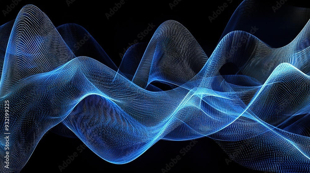 Poster abstract blue wave patterns flowing on a black background with a sense of movement and energy