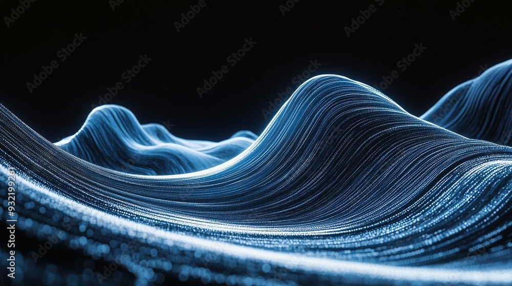 Poster abstract blue light waves undulate against a dark background, creating a dynamic, flowing pattern