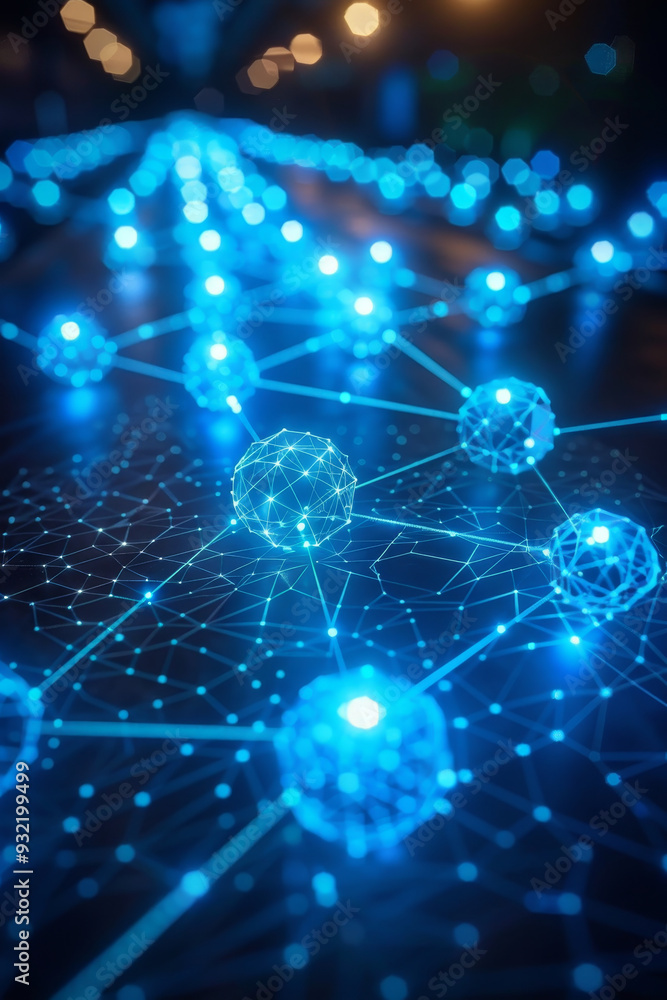 Poster glowing blue nodes and lines represent a digital network, illustrating connectivity and technology i