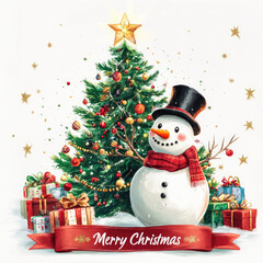 Fototapeta premium Snowman standing by christmas tree with wrapped presents
