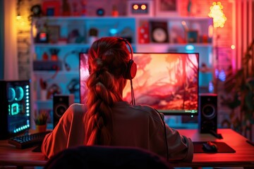 Obraz premium Young woman with braided hair gaming at a vibrant, neon-lit desk setup, fully engaged in a colorful fantasy world on screen