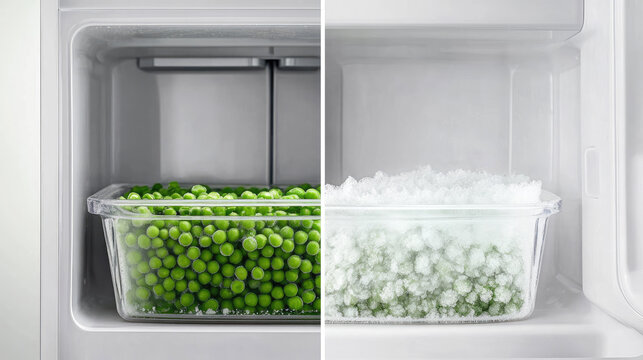 Frozen peas before and after defrosting in refrigerator