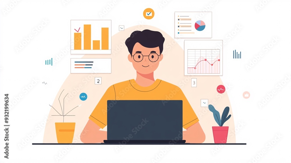 Wall mural a focused informaticist analyzing data trends on a laptop, surrounded by charts and graphs on a ligh