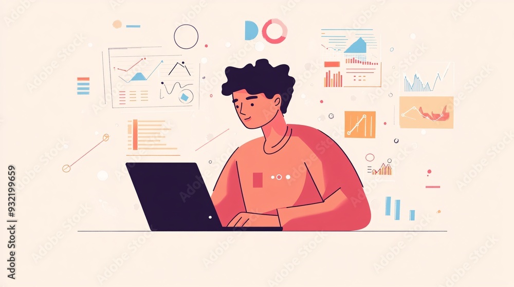 Wall mural a focused informaticist analyzing data trends on a laptop, surrounded by charts and graphs on a ligh