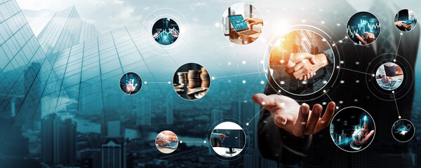 Futuristic business digital financial data technology concept for future big data analytic and business intelligence research for businessman analyst invest decisions making panoramic banner kudos