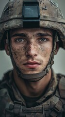 Fototapeta premium A close-up portrait of an infantry soldier, showcasing detailed facial features and helmet, against a light solid color background