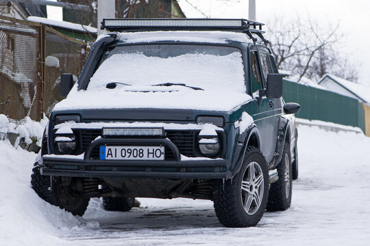 Kyiv, Ukraine. 06.07.2020. machine. Niva car. old car Lada. Niva offroad car on a street. tuned transport for hunting, tourism, army. good economical Russian car. winter season. editorial
