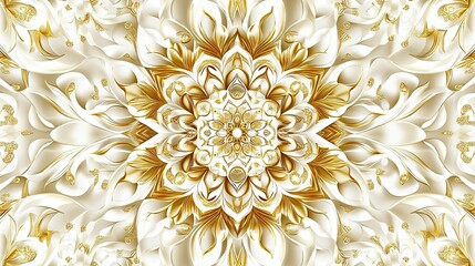 Intricate gold and white floral pattern design with symmetrical shapes and elegant detailing