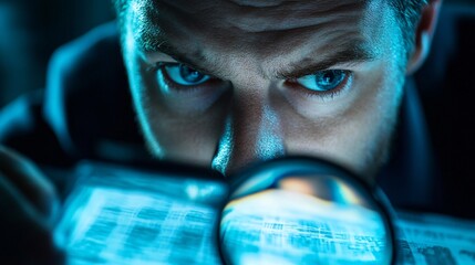 An information security analyst analyzing data with a magnifying glass, highlighting critical vulnerabilities