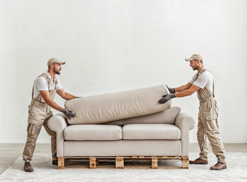 Two removal company workers carrying sofa in new apartment