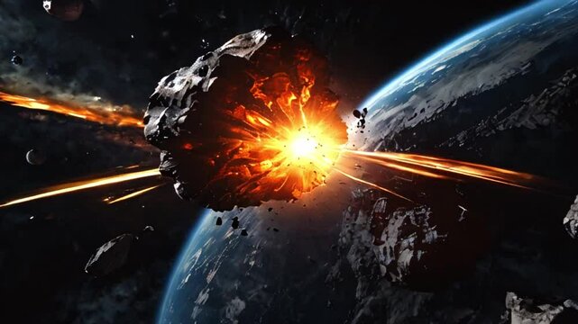 Powerful asteroid collision in space.