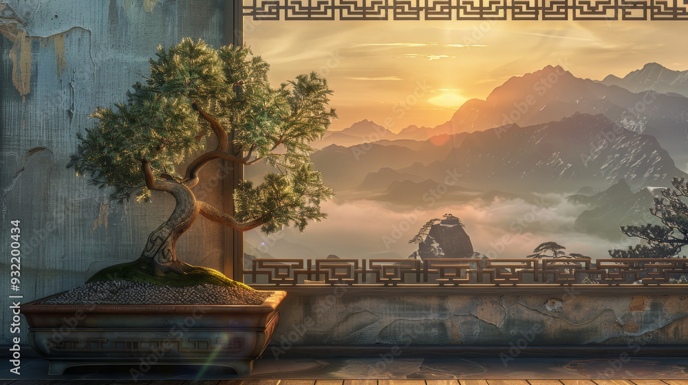 Poster a small bonsai tree is sitting in a pot on a ledge in front of a mountain range
