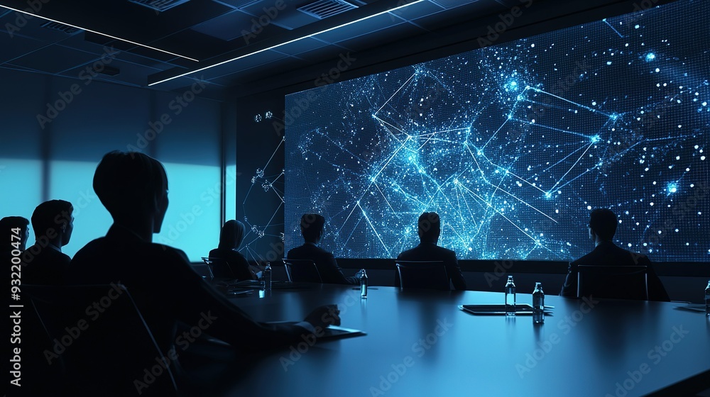 Aufkleber business meeting showcasing advanced technology with data visualization on a large screen in a moder