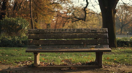 A wooden bench in a park with yellow leaves on the ground.