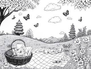 A serene picnic scene in nature with a basket and butterflies.