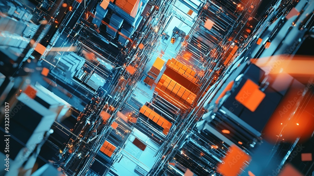Poster abstract view of a futuristic digital network with vibrant blue and orange elements during a technol