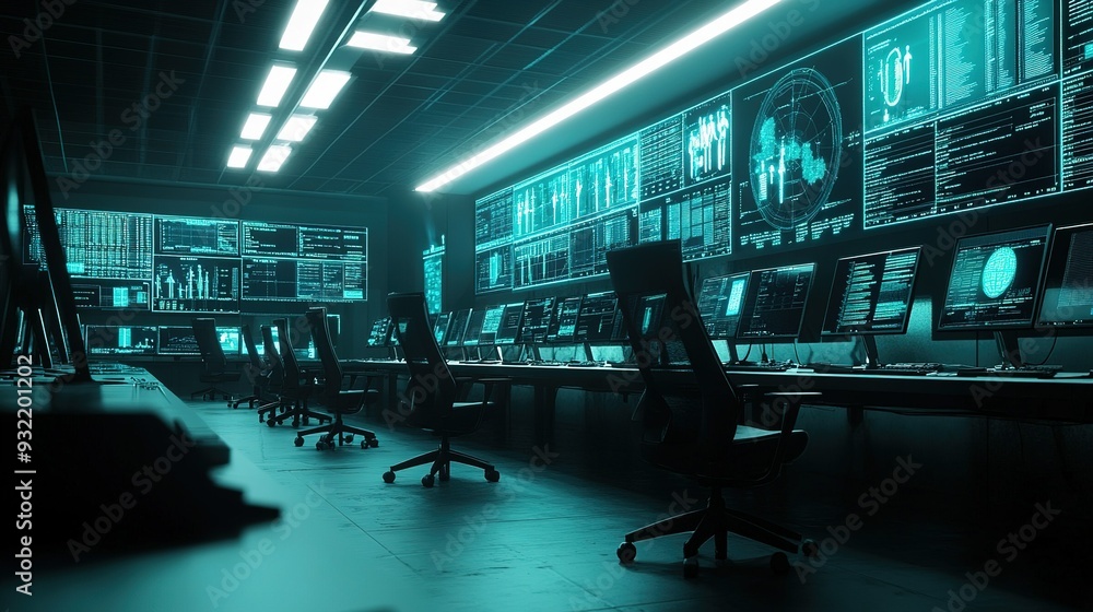 Poster modern control room with multiple screens displaying data and analytics at night