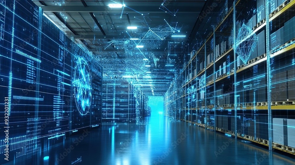 Poster a futuristic warehouse with digital data visualizations and illuminated aisles during nighttime oper