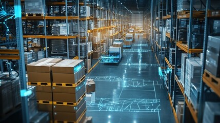 Modern warehouse with automated machinery and digital inventory management located in an industrial area during daylight