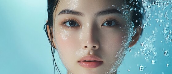 Attractive young Asian wet hair woman model with perfect fresh skin on underwater simulation of lighting. Face care, Facial treatment, Cosmetology, Plastic Surgery, Lovely girl portrait in studio