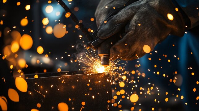 A close-up of an ironworker's hands gripping a welding torch, with sparks flying, emphasizing craftsmanship and dedication
