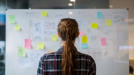 A female JavaScript developer brainstorming ideas on a whiteboard with sticky notes in a collaborative environment