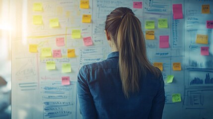 A female JavaScript developer brainstorming ideas on a whiteboard with sticky notes in a collaborative environment