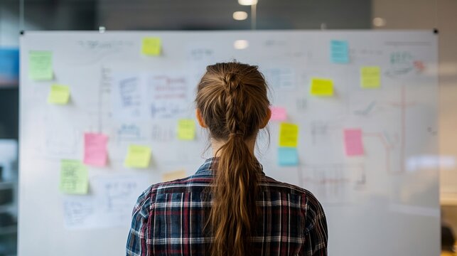 A female JavaScript developer brainstorming ideas on a whiteboard with sticky notes in a collaborative environment