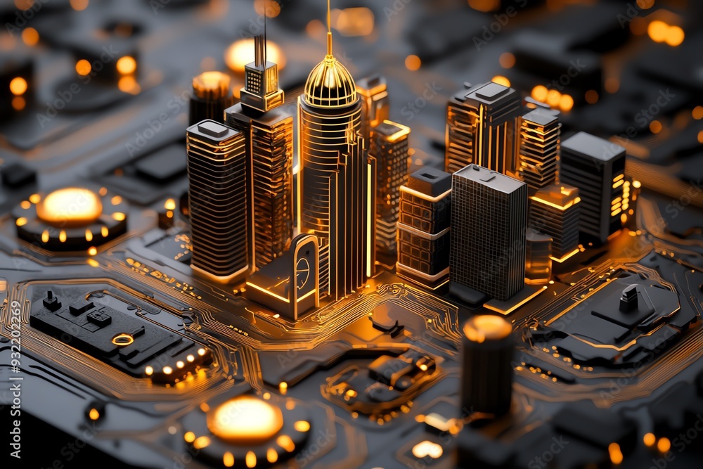 Poster a futuristic city model integrated within a circuit board, illuminated with glowing lights and intri