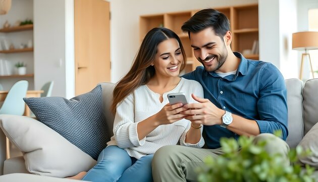 Happy young beautiful couple using smartphone sitting on sofa in living room interior at home