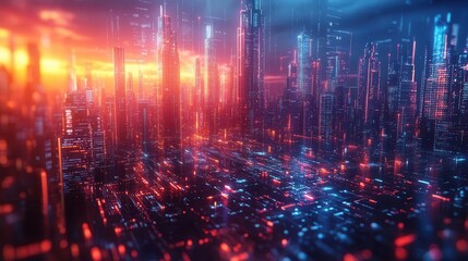 Obraz premium holographic cityscape merging with abstract stock chart data streams flowing between buildings futuristic financial district