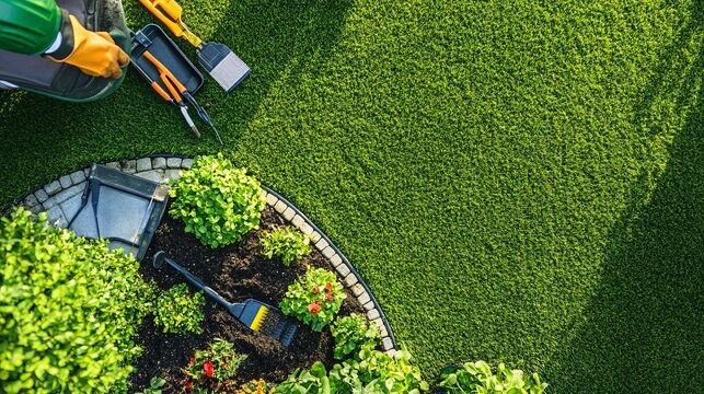 A lawn care professional applying fertilizer to a vibrant green lawn, with tools neatly arranged nearby