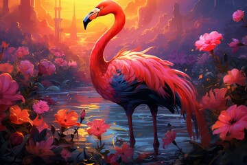 Beautiful vividly colored flamingo field image